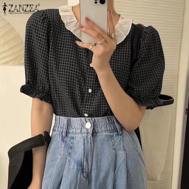 Áo kiểu Zanzea tay phồng ngắn phối bèo họa tiết kẻ sọc thời trang Hàn Quốc cho nữ