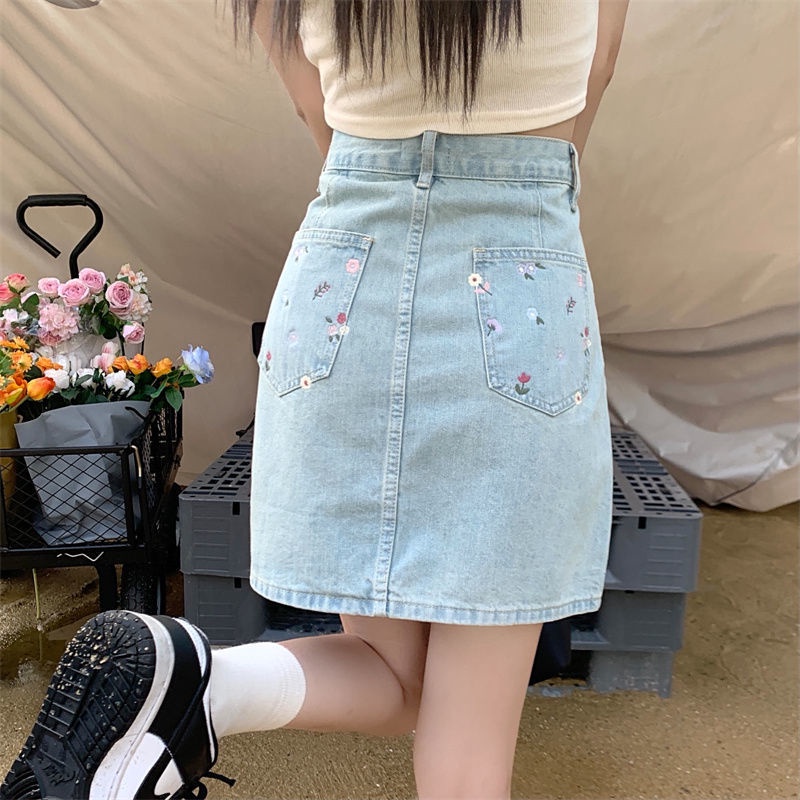 Chân váy jean Chữ A Lưng Cao Thêu Hoa Phong Cách Cổ Điển Thời Trang Mùa Hè Mới Dành Cho Nữ