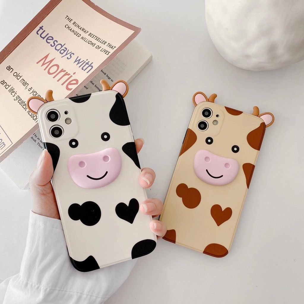 iPhone case Ốp lưng iPhone Hoạt hình Vỏ mềm Cute cow  TPU Bảo vệ ống kính hoạt hình Bốn mặt có kết cấu gợn sóng 3D dày cho iPhone 11 Pro Xs MAX XR I8 I7