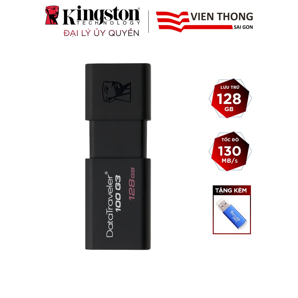 [Mã ELMALL10 giảm 10% đơn 500K] USB 3.0 Kingston DT100G3 128GB tốc độ upto 130MB/s tặng đầu đọc thẻ micro (ngẫu nhiên)