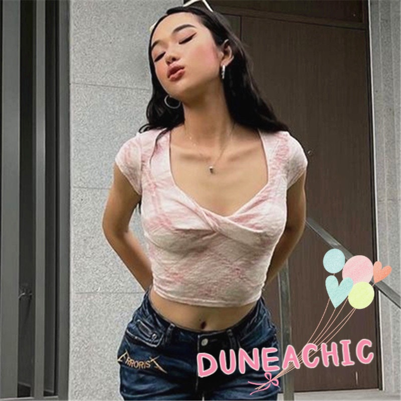 DUNEA Áo Croptop Tay Ngắn Cổ Chữ V Thắt Nút Họa Tiết Sọc Caro Phong Cách Quyến Rũ