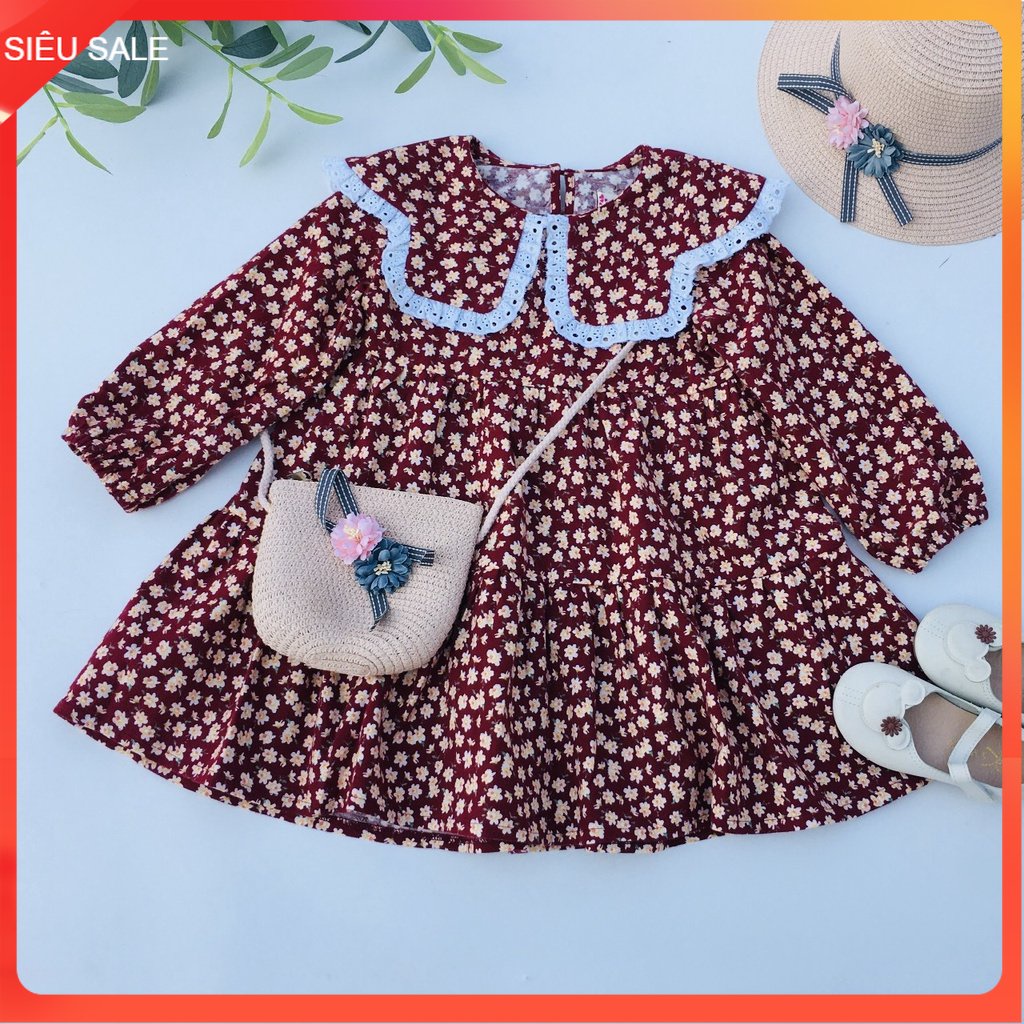 Váy mùa đông bé gái 2-10 tuổi cổ xòe viền ren, Đầm dài tay cho bé vải cà bông dày dặn mềm mại kiểu d