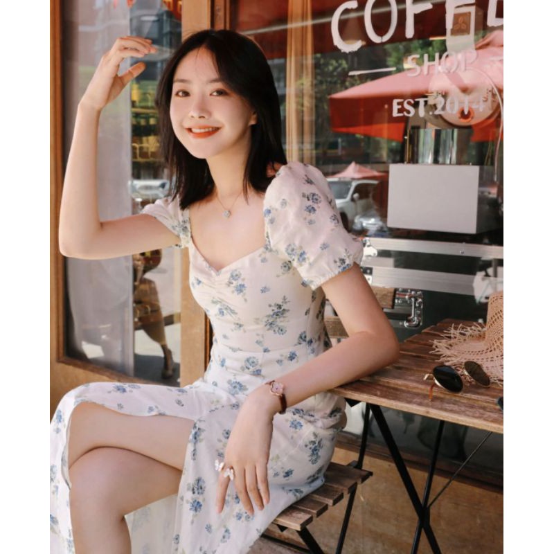 Váy đầm midi hoa xanh xẻ tà siêu xinh size S