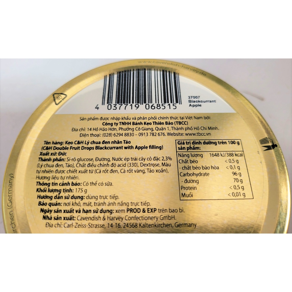 [Hộp thiếc 175g – Blackcurrant &amp; Apple] KẸO LÝ CHUA ĐEN NHÂN TÁO [Germany] CAVENDISH &amp; HARVEY Drops Filling (tbo)