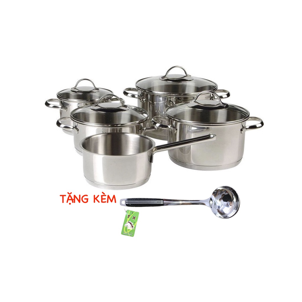 Bộ nồi quánh 3 đáy inox 304 Fivestar Plus quai oval kiểu Silit 5 món nắp kính (tặng bộ thau rổ)