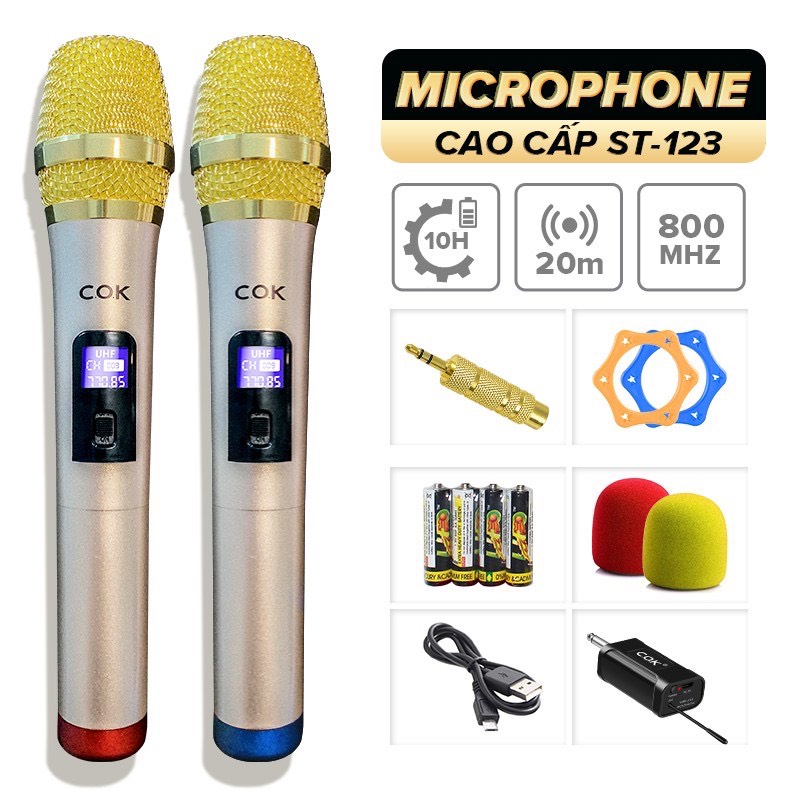 Micro Không Dây COK ST-123 (2 mic) - CHÍNH HÃNG - BH 12 tháng - Mích Chuyên Dành Cho Mọi Loa Kéo Và Âm Ly
