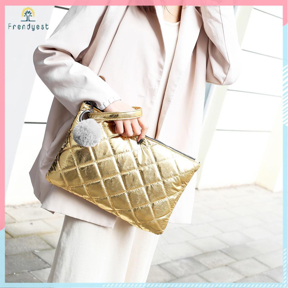 [frendyest]Fashion Women Handbag Solid Color Money Purse Pompom Zipper Clutch Bags 