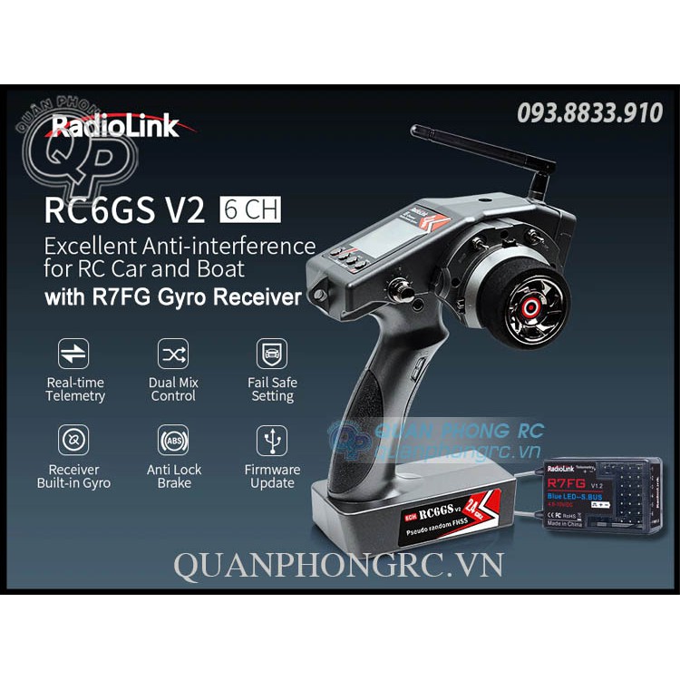 Tay Điều Khiển Radiolink RC6GS V2 6CH Transmitter Kèm Receiver R7FG Cho Xe Và Tàu