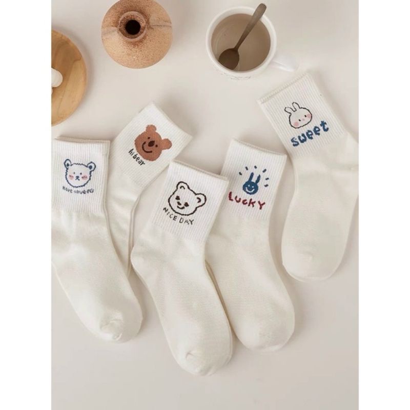 Tất Cổ Cao Cotton Tông Trắng Phối Hình Thú Dễ Thương