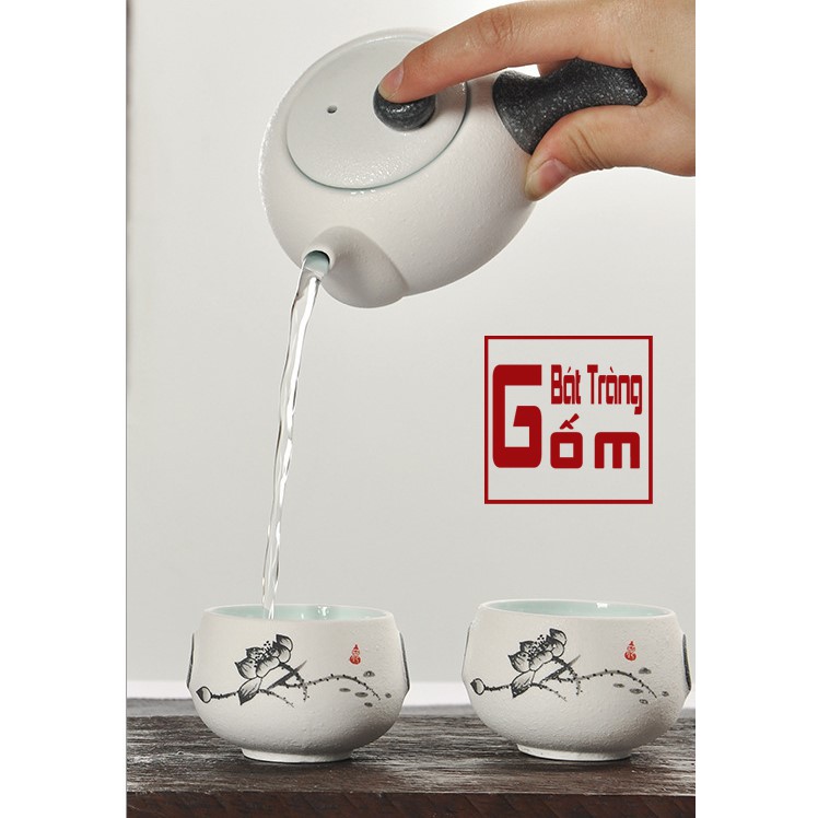 BỘ ẤM TRÀ GỐM SỨ 7 MÓN Men sứ giày hàng chất lượng - họa tiết hoa sen