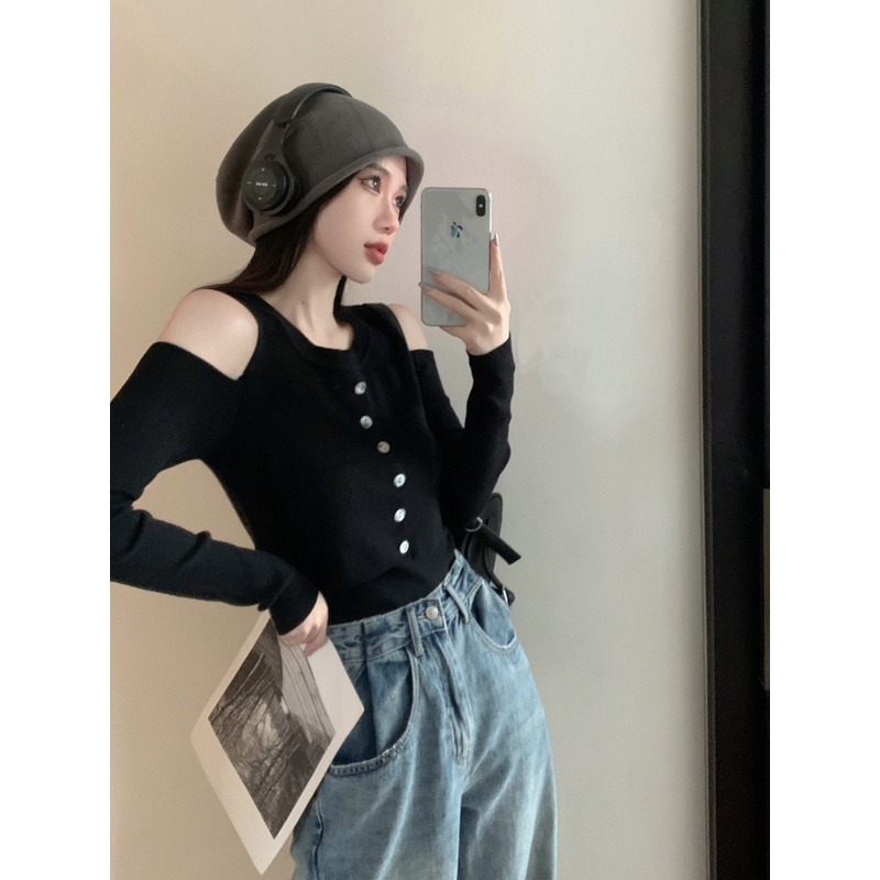 ZHELIHANGFEI Áo Len Tay Dài Giả Hai Lớp Họa Tiết Kẻ Sọc Dáng Ôm Lưng Cao Quyến Rũ Dành Cho Bạn Gái