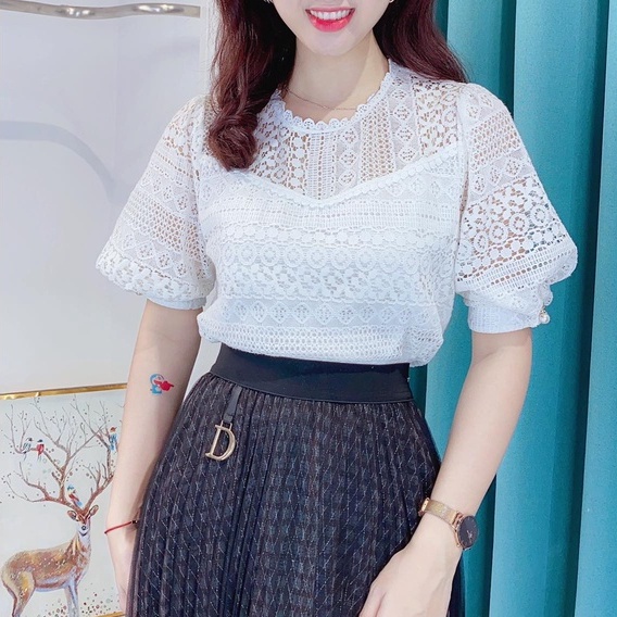 Áo sơ mi trắng kiểu vải ren tay phồng xinh xắn CHUU A60018