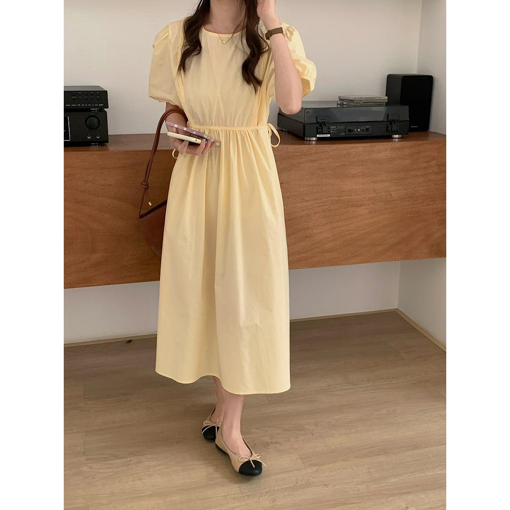 Đầm Tay Phồng Cổ Tròn Cột Dây Màu Sắc Trơn Phong Cách Hàn Quốc 63178