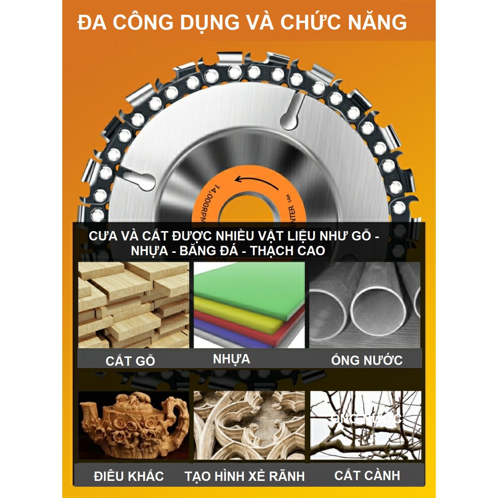 Đĩa Cưa Xích 1 Tấc Gắn Máy Mài Máy Cắt, Lưỡi Cưa Xích Cắt Gỗ,Tạo Hình Điêu Khắc Gỗ, Đĩa Cắt Gỗ Gắn Máy Mài 100mm