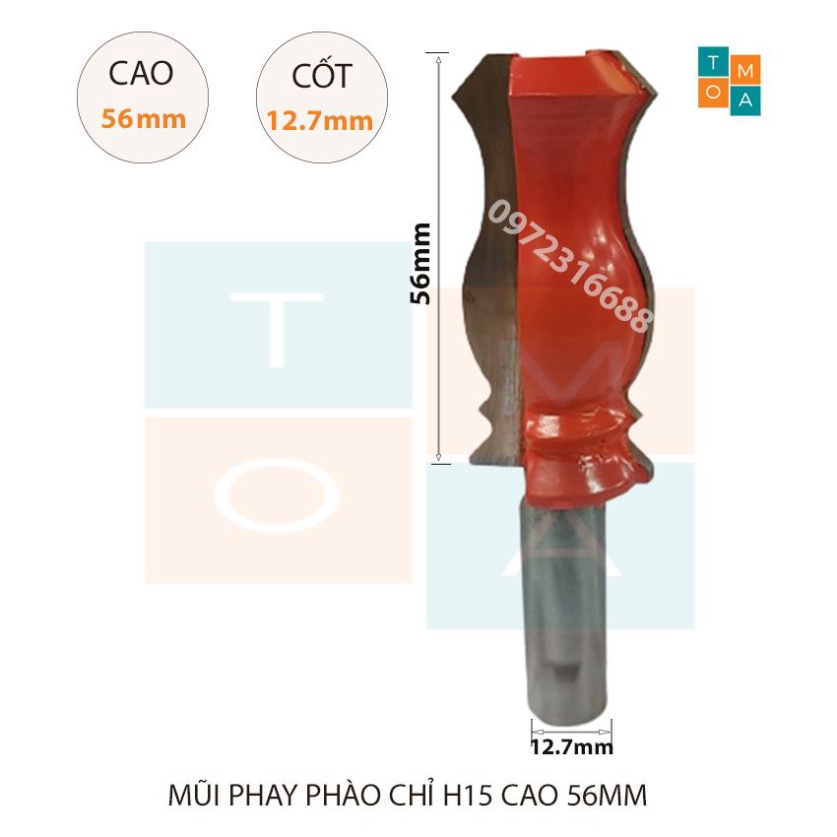 MŨI SOI GỖ - MŨI PHAY GỖ ĐÁNH CHỈ PHÀO H15 CAO 56MM CỐT 12.7MM - CHỈ PHÀO NÓC - PHÀO NẸP HÀNG VIỆT NAM