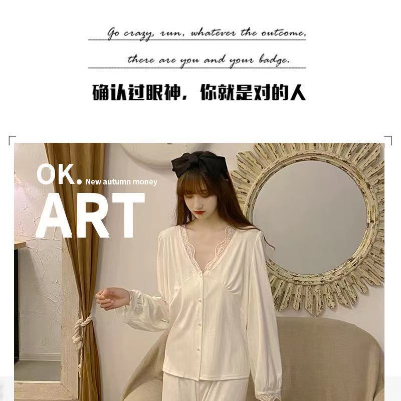 Bộ đồ ngủ tay dài phối ren phong cách thời trang xuân thu thiết kế mới dành cho nữ