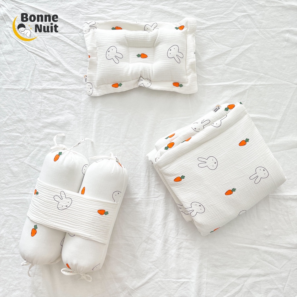 Combo chăn gối xô muslin organic 🥕 Thỏ cà rốt 🥕 Bonne Nuit cao cấp