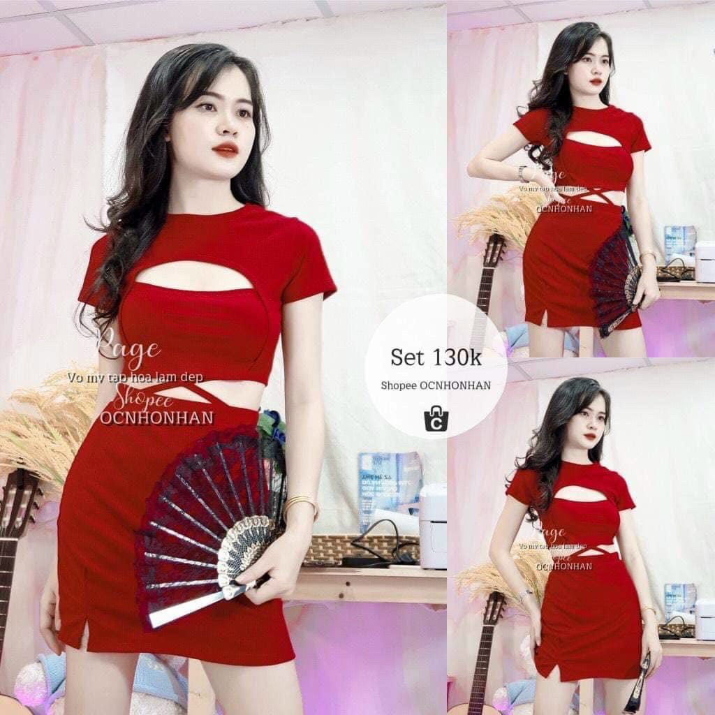 Sét bộ áo croptop hở lửng quấn dây eo phối chân váy ngắn body cực xinh , chất thun bozip mềm mịn