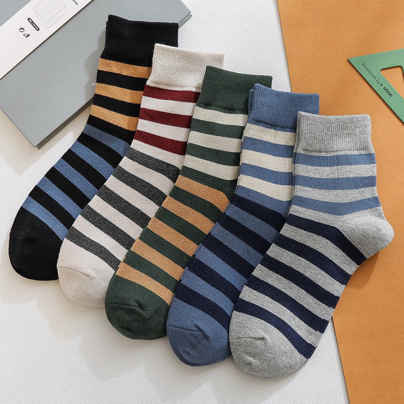 [SET 5 ĐÔI] Vớ Nữ Cổ Cao Cao Cấp Họa Tiết Sọc Ngang, Tất Nữ Cotton mềm mịn thoáng mát khử mùi