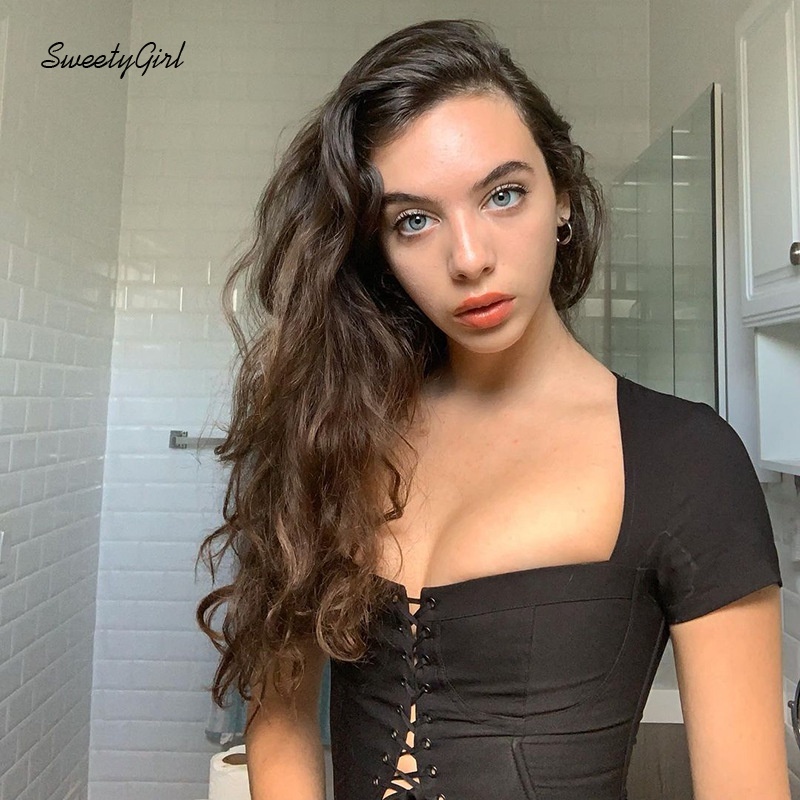 Áo Croptop Cổ Vuông Tay Ngắn Màu Trơn Dáng Ôm Phối Dây Rút Thời Trang Cho Nữ