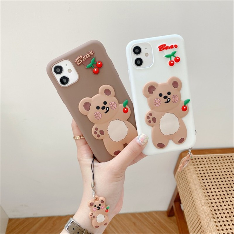 Ốp điện thoại dẻo có dây móc khóa Cartoon Bear Cherry cho Samsung Galaxy S21 S20 FE Note 20 Ultra S10 S9 Plus