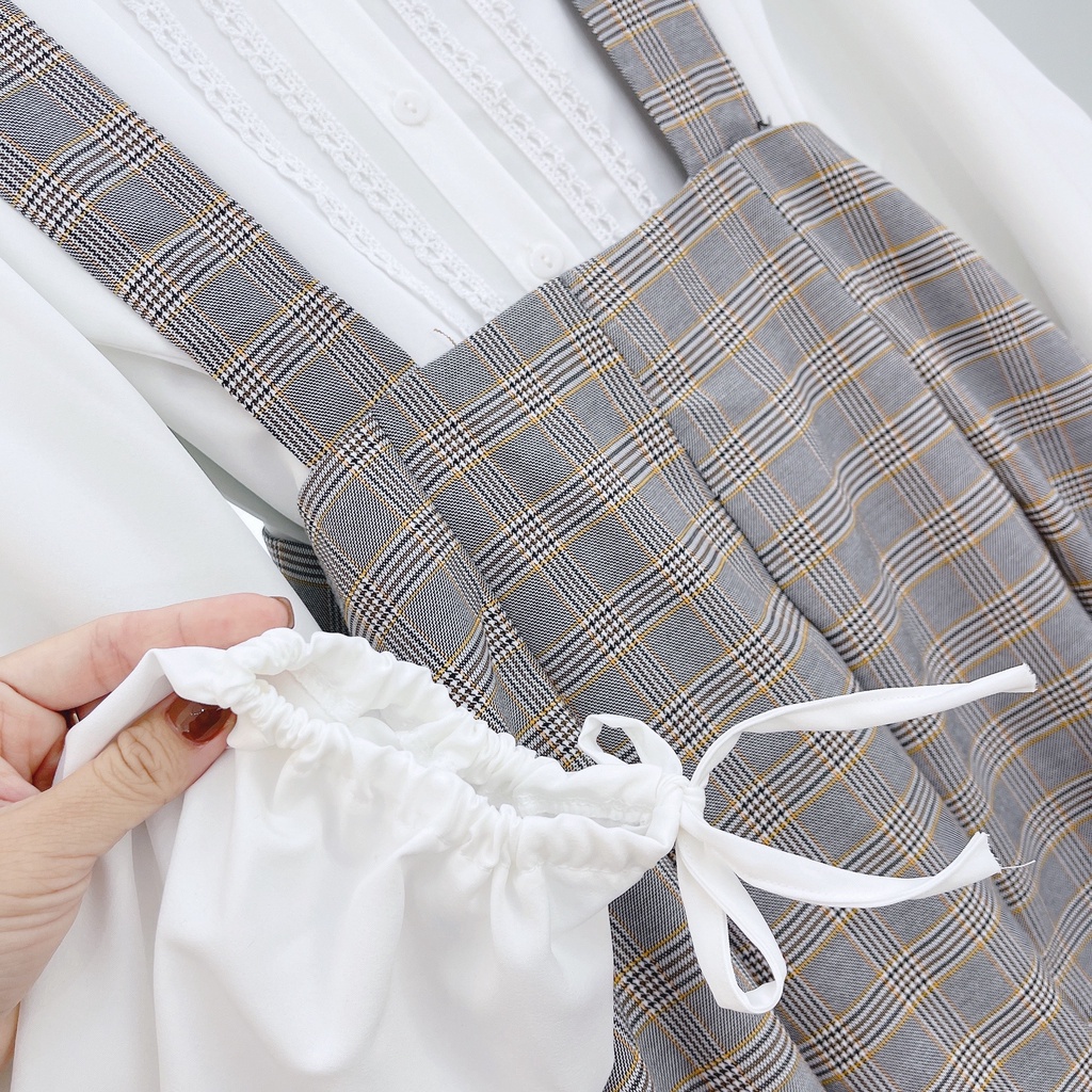 SET YẾM ĐAN DÂY RUY BĂNG CARO LƯNG + ÁO TRẮNG ANGI HOME