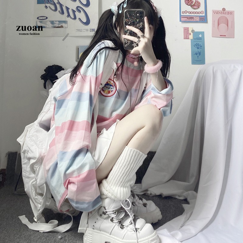 Lô hàng xuất xưởng✼❍Áo Thun Tay Dài Dáng Rộng Kẻ Sọc Ngang Trẻ Trung Phong Cách Hàn Quốc