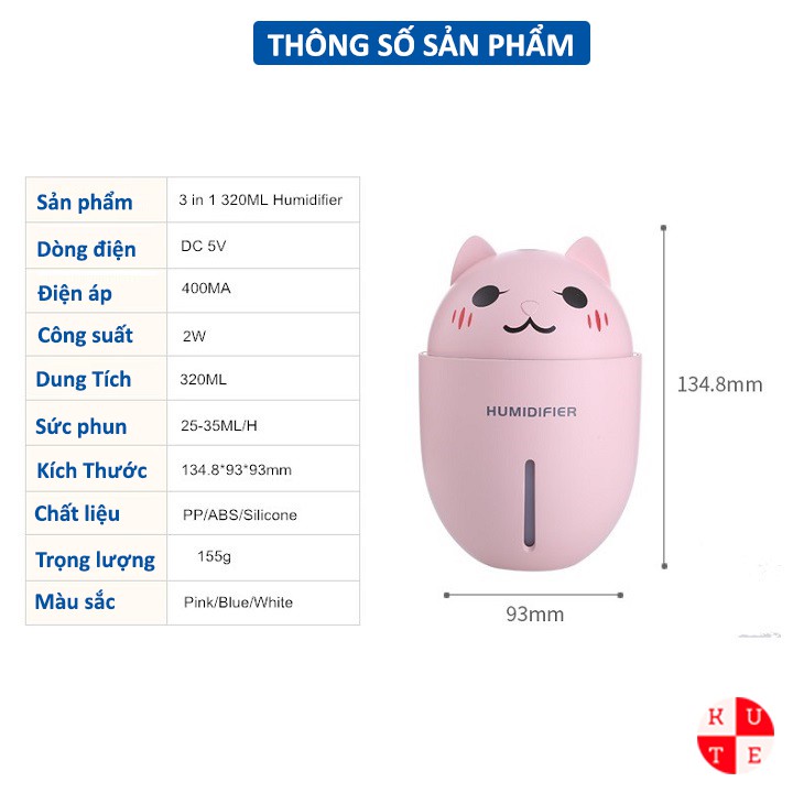 Máy Phun Sương Tạo Ẩm Mini Hình Mèo 3 Chức Năng