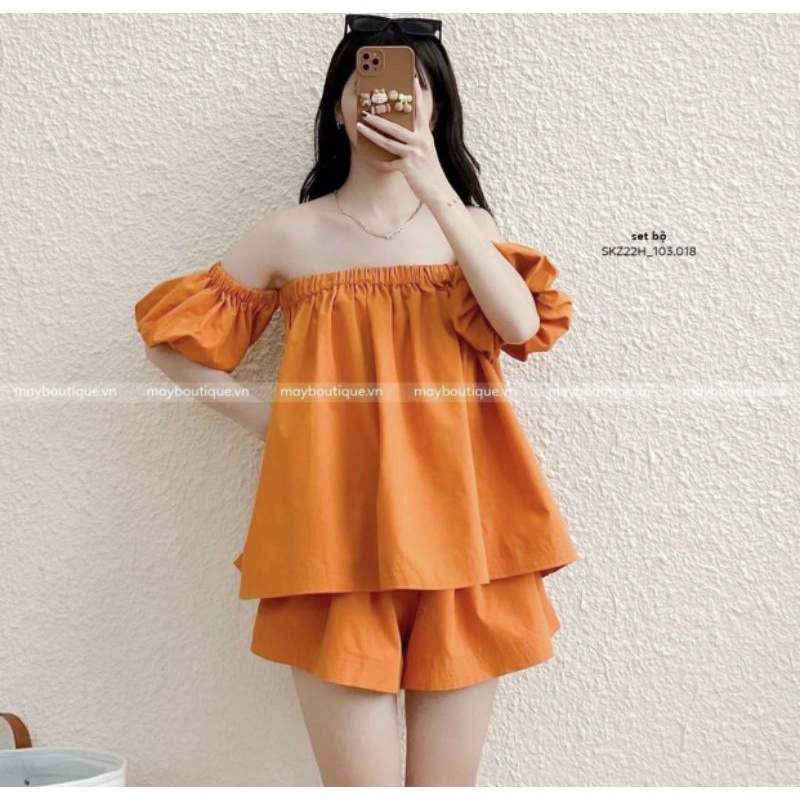 Set đồ áo trễ vai mix quần cùng màu tone màu hot