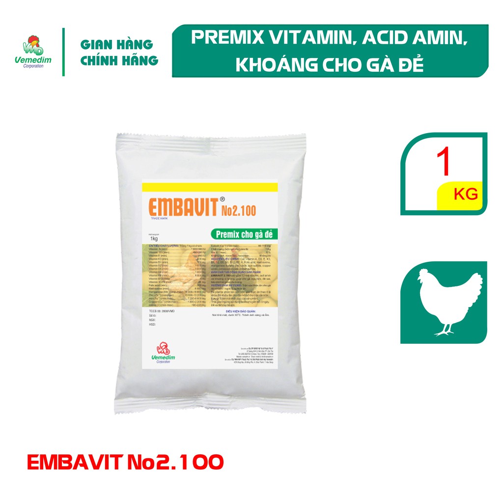 Vemedim EMBAVIT No.2.100 Premix vitamin, axit amin, khoáng cho gà đẻ, giúp gà mau lớn, đẻ sai, gói 1kg