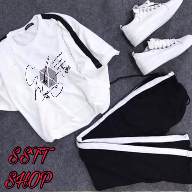 Set quần áo cộc tay in logo chữ ki EXO
