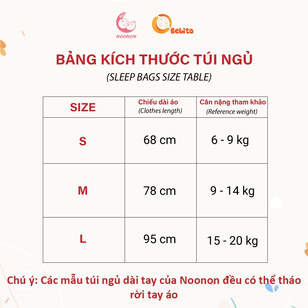 Túi Ngủ Cho Bé NOONON Loại Cao Cấp Có Ống Tay Tháo Rời - 3 tháng-5 tuổi Hè Thu Đông Mã TNHT01 Dùng Sau Nhộng Chũn