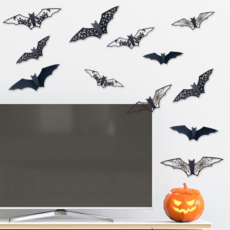 Set 12 Miếng Dán Tường / Cửa Sổ DIY Hình Dơi 3D Màu Đen Có Thể Tháo Gỡ Trang Trí Lễ Hội Halloween