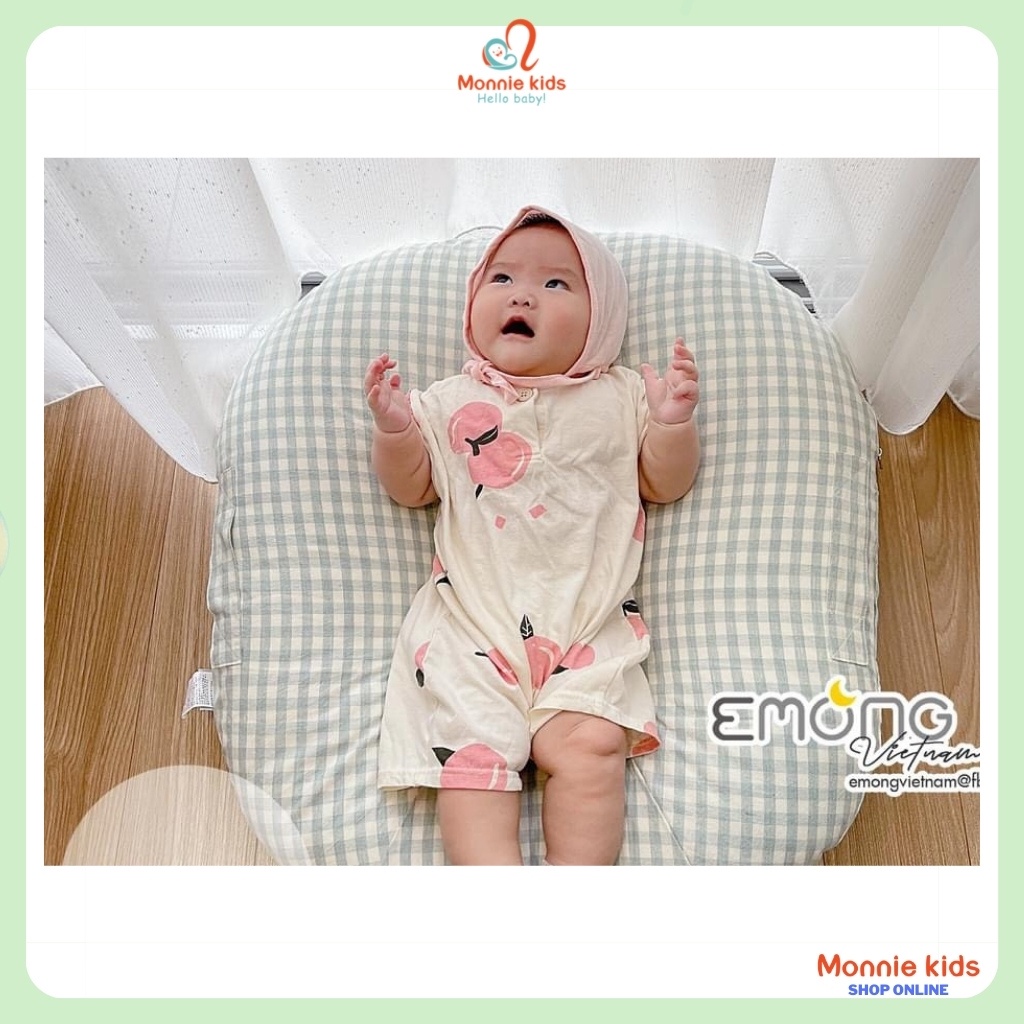 Gối chống trào ngược cho bé Emong vỏ cotton caro, gối chống trào cotton Hàn Quốc - Monnie Kids