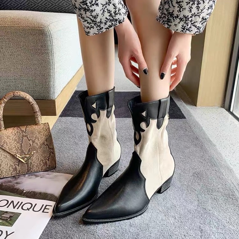 Boots cao bồi cổ ngắn phối da lộn mũi nhọn đế cao 4cm