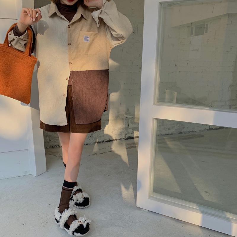 Áo khoác SUXI tay dài vải nhung phối màu tương phản thời trang mùa thu phong cách Hàn Quốc cho nữ