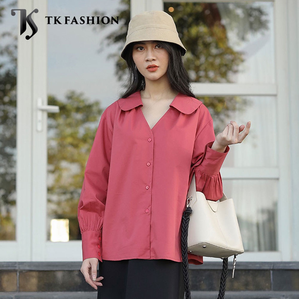 Áo sơ mi nữ cổ sen V, tay dài, cho công sở, đi học, đi làm, SMKA273 hàng thiết kế cao cấp TK Fashion