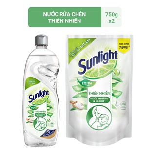 Combo Nước rửa chén Sunlight Thiên Nhiên chiết xuất Lô hội & Muối khoáng chai 750g & túi 750g