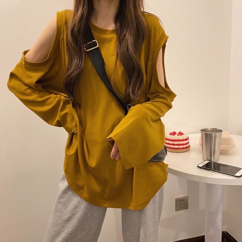 Áo Thun Cotton Dáng Rộng Dài Tay Nữ Khoét Vai Cổ Tròn Dành Cho Nữ - Ảnh Thật