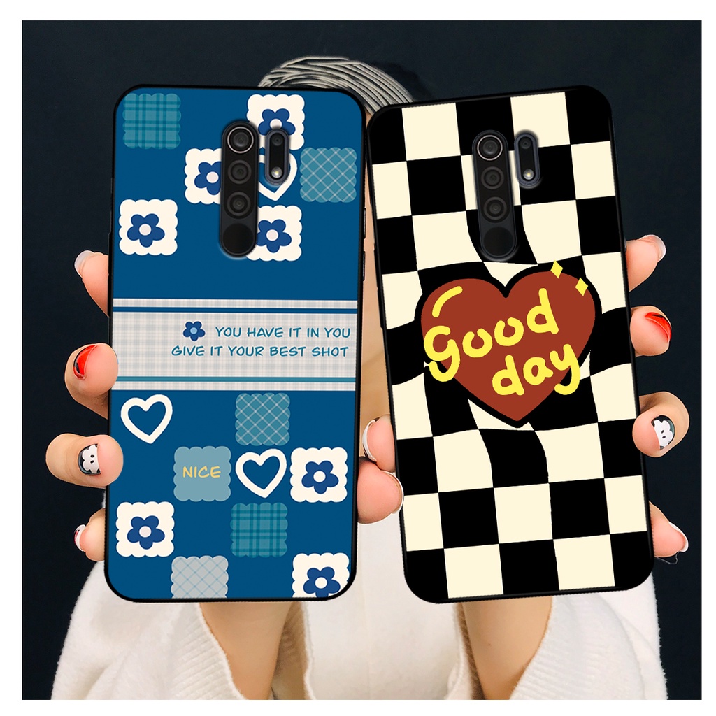 Ốp lưng Xiaomi Redmi 9 in hoạ tiết caro trái tim đen trắng, gấu bear cute đáng yêu