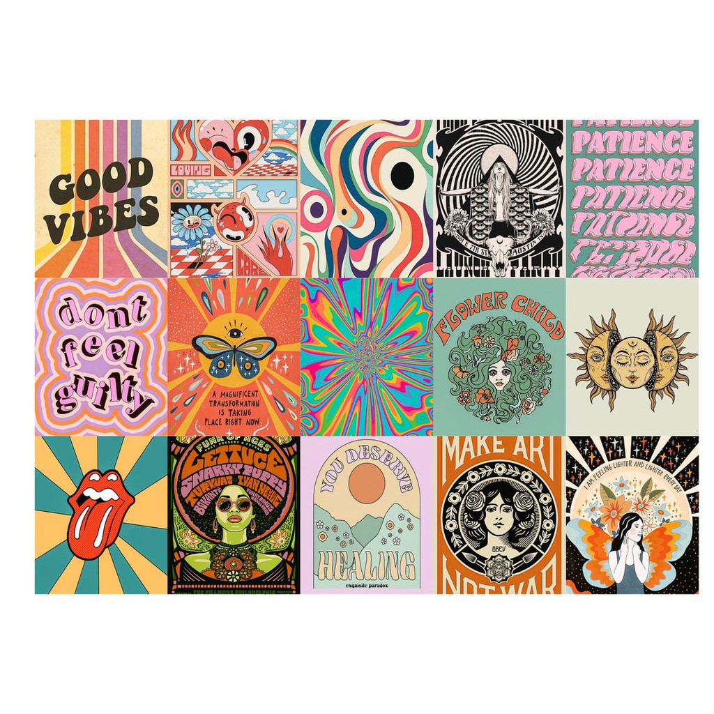 12 tấm Wall Collage keo sẵng dán tường trang trí phòng ngủ - theme Vintage Hippie