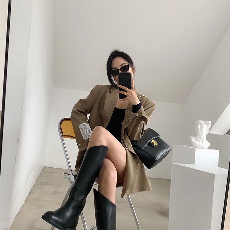 COZOKC COZOK Đầm tay dài cổ vuông màu sắc thanh lịch