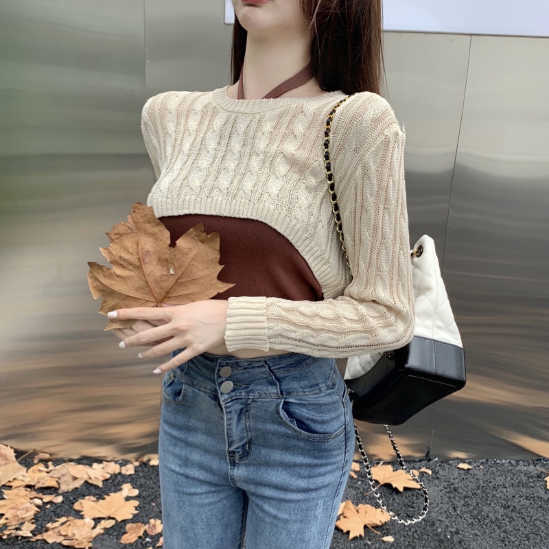 Áo Dệt Kim Tay Dài Dáng Ngắn Dễ Phối Đồ Hợp Thời Trang