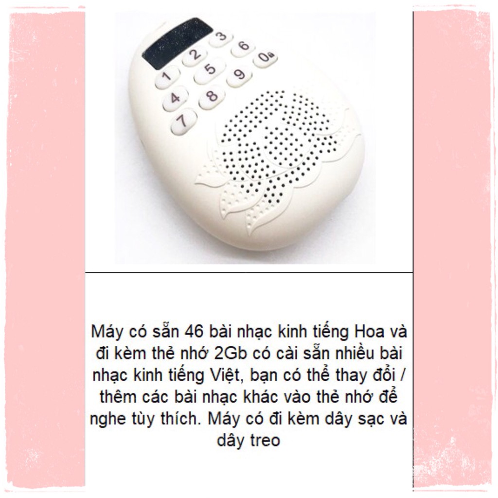 Máy nghe kinh màu trắng phong thủy có họa tiết hình hoa sen, có kèm dây treo để thuận tiện đeo trên người