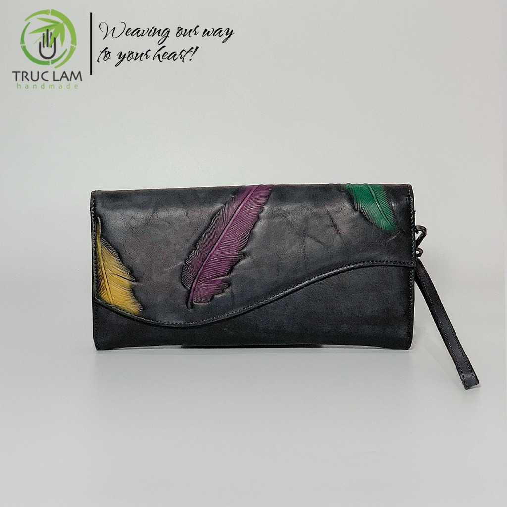Ví Dài Cầm Tay Thời Trang Nữ Da Thật Cao Cấp Họa Tiết Lông Vũ Size Lớn Kèm Dây Đeo Ánh Kim – Trúc Lâm Handmade