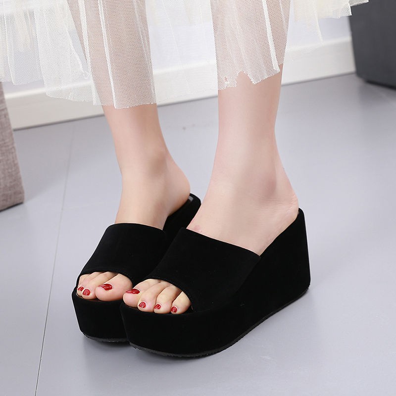 ✈▣all-match black slippers women s summer fashion wedge with platform sole waterproof flip-flops Korean style sandals and for external wear