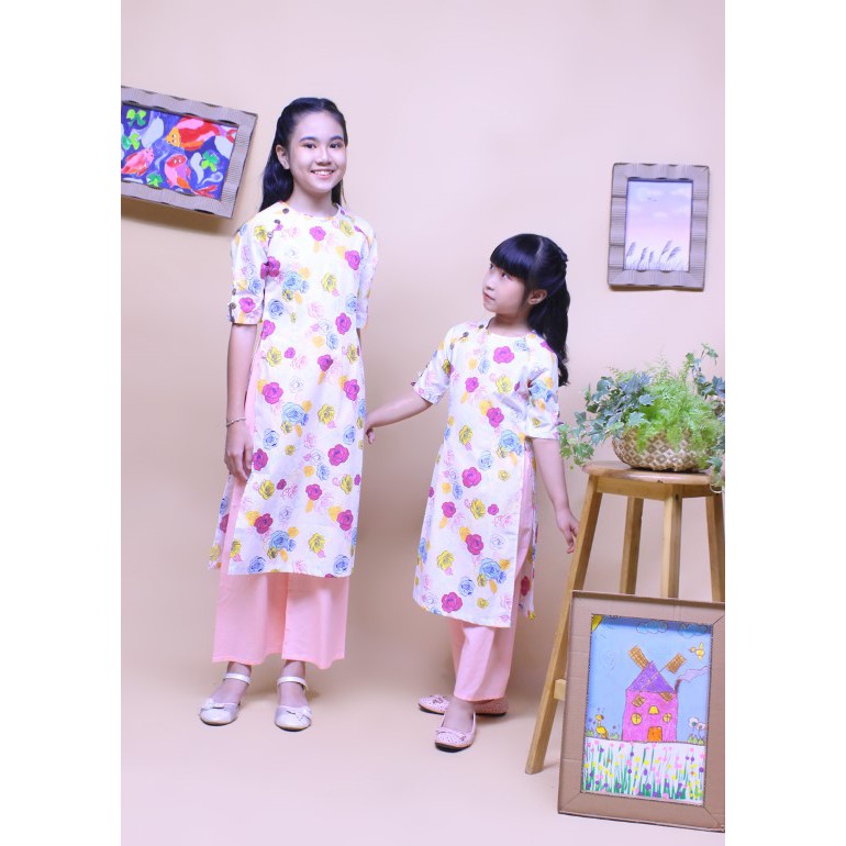 Bộ áo dài bé gái thiết kế sinh xắn dễ thương, thấm thút mồ hôi, chất liệu 100% cotton- Jadiny