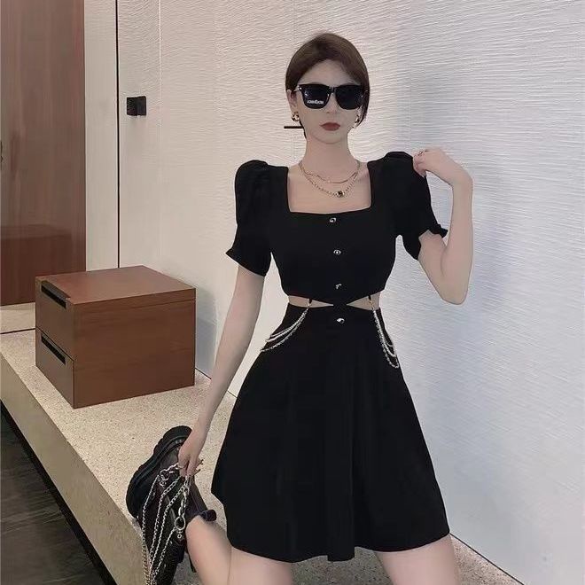 Đầm Đen Khoét Eo Thiết Kế Rỗng Thời Trang Mùa Hè Cho Nữ