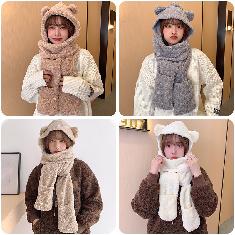 Mũ lông cừu tai gấu kèm khăn quàng cổ và găng tay ulzzang combo phong cách thời trang Hàn Quốc cho mùa thu đông ấm áp