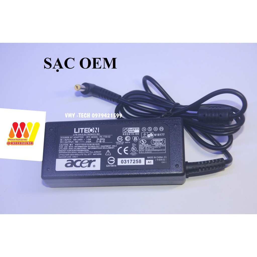 [BH 1 đổi 1] Sạc laptop Acer 19V - 3.42A - Tặng Kèm Dây nguồn - New BH12T